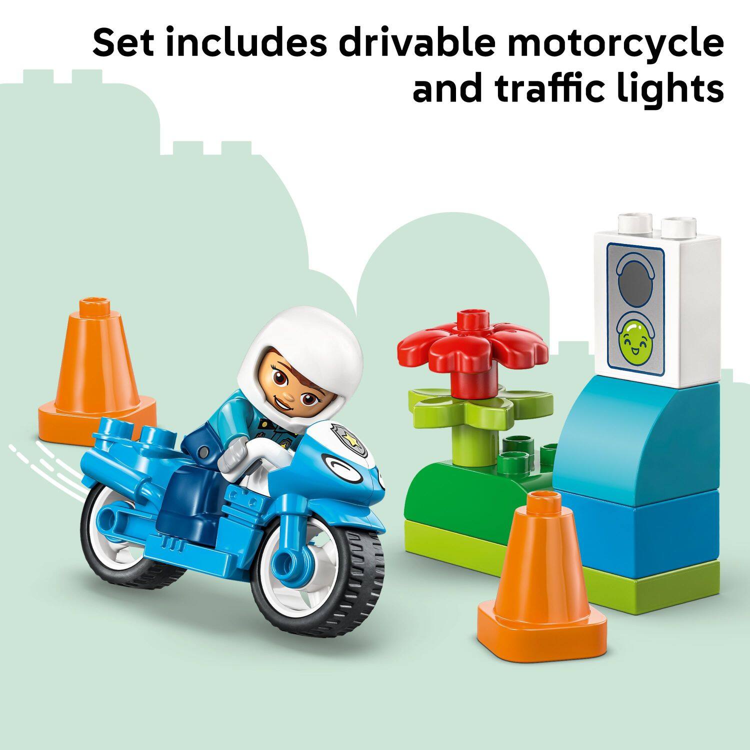 Set includes drivable motorcycle and traffic lights