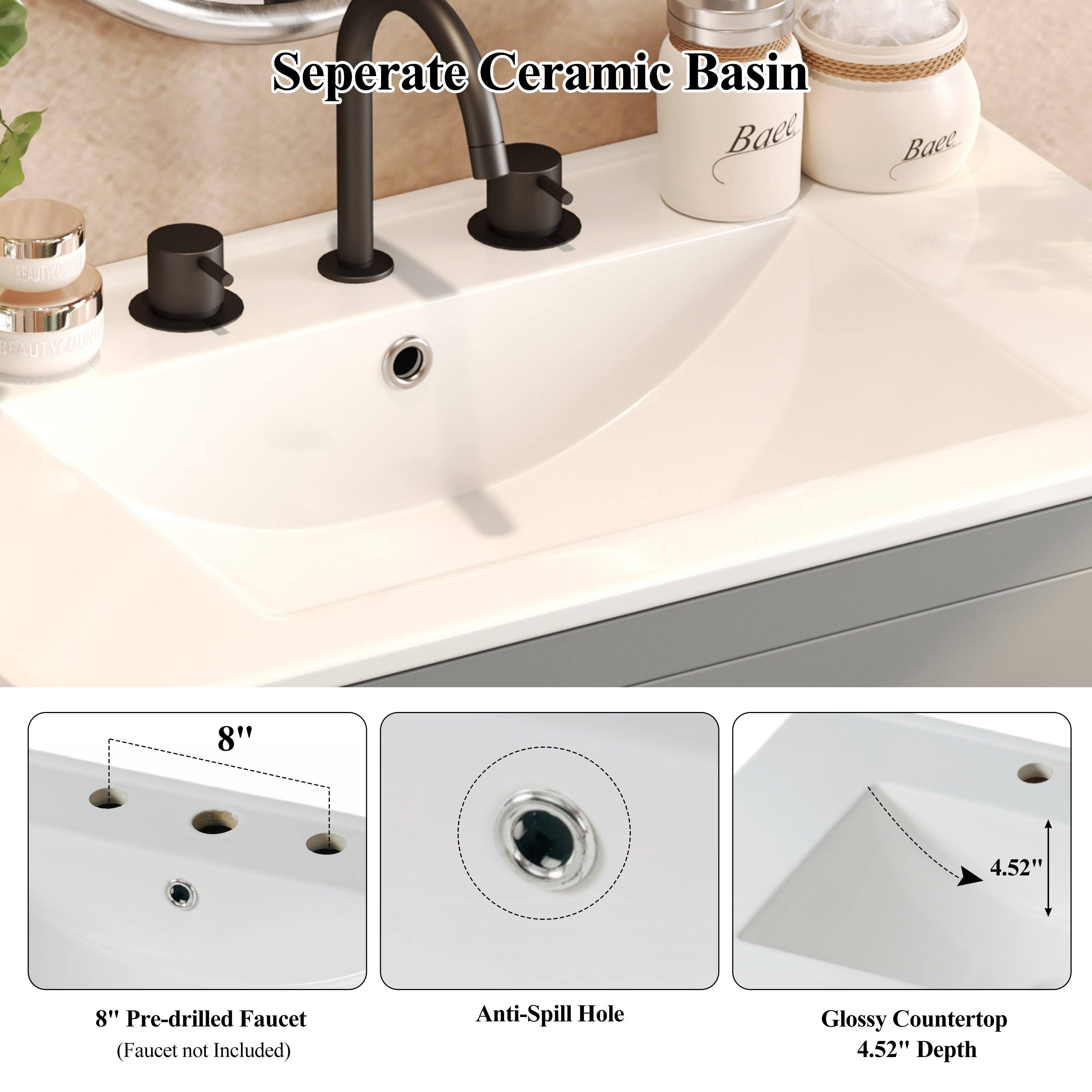 Separate Ceramic Basin

8" Pre-drilled Faucet (Faucet not Included)

Anti-Spill Hole

Glossy Countertop 4.52" Depth