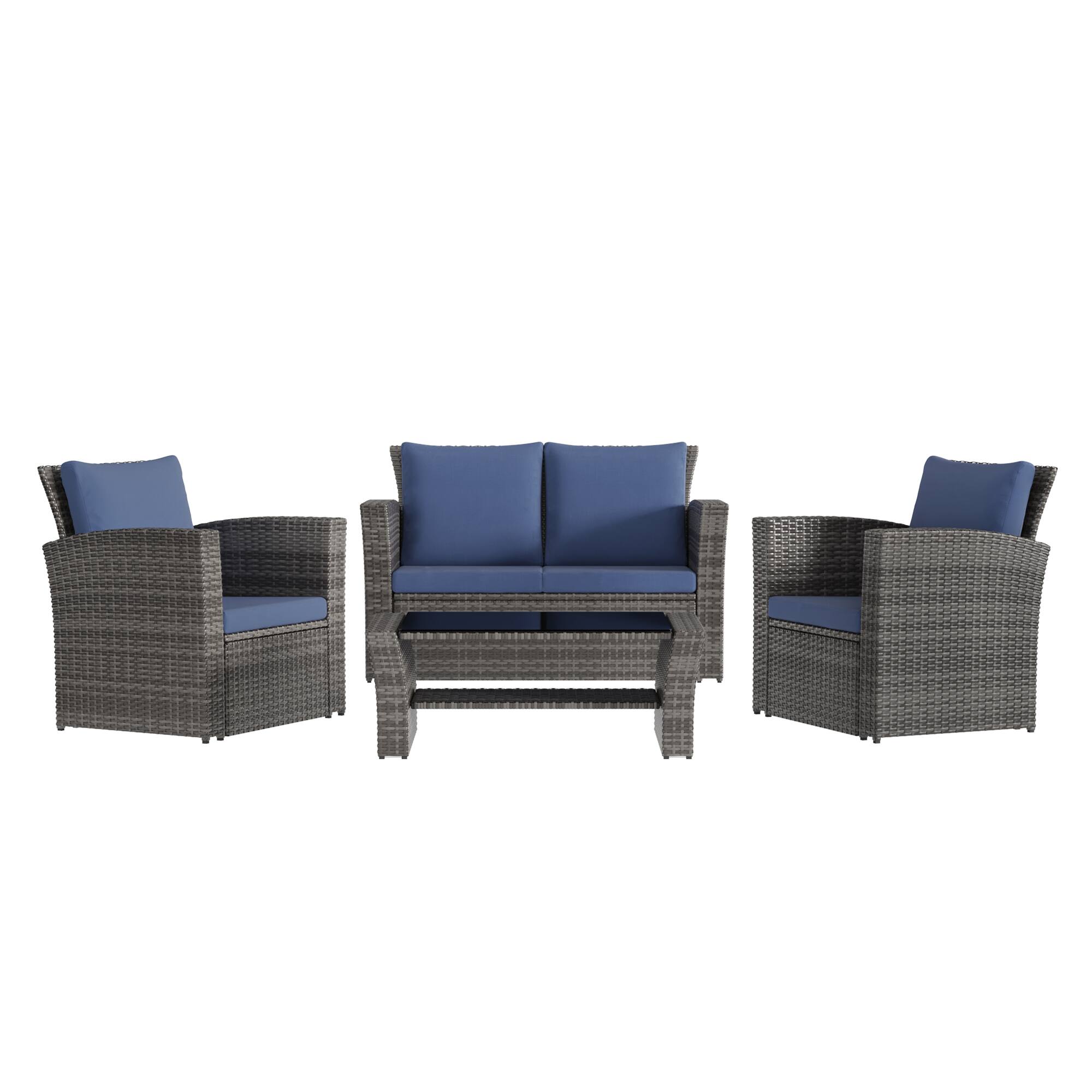 Angle. Mondawe - 4 Piece Outdoor Sectional Sofa Set with Tempered Glass Coffee Table and Cushions - Blue.