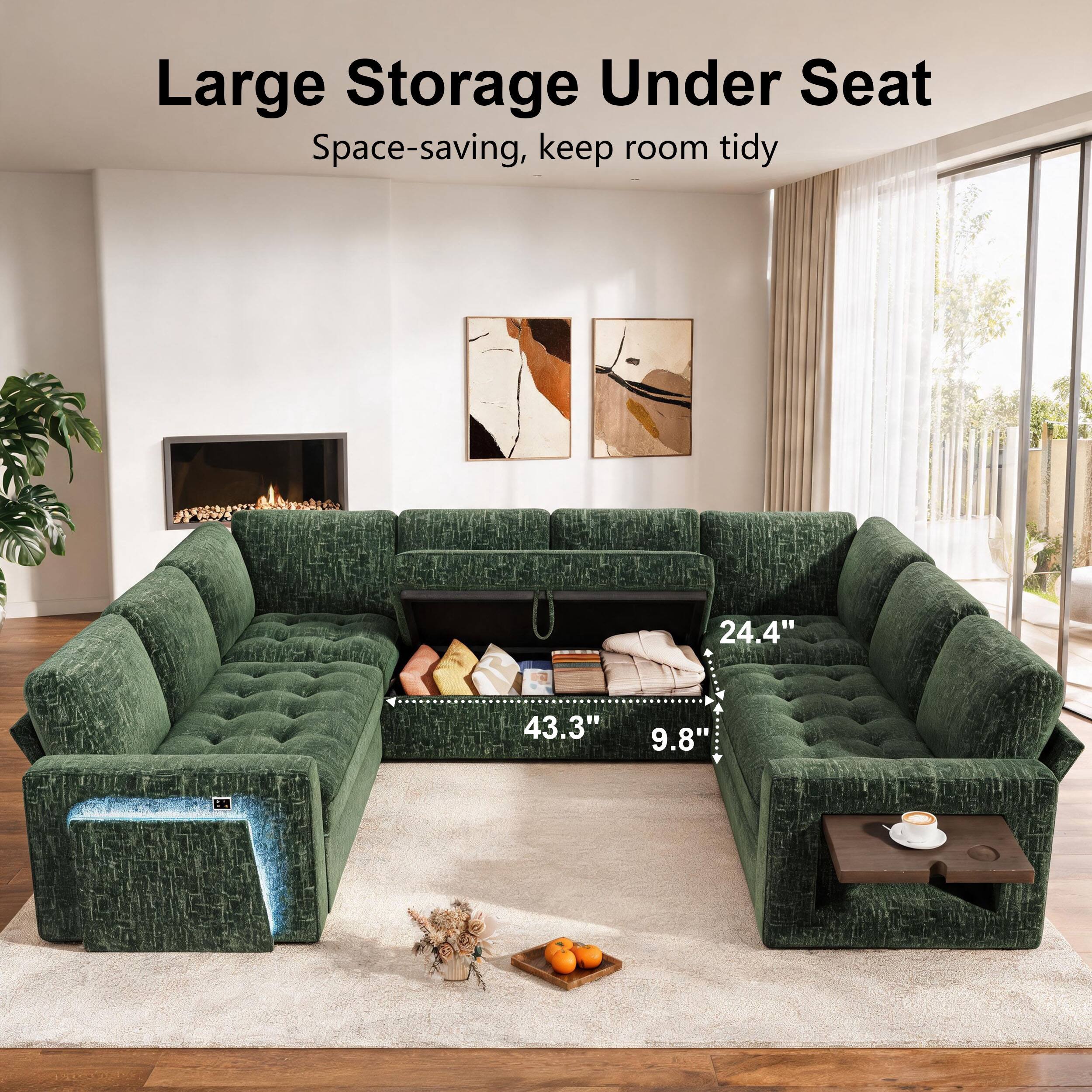 Large Storage Under Seat  
Space-saving, keep room tidy  

24.4"  
43.3"  
9.8"