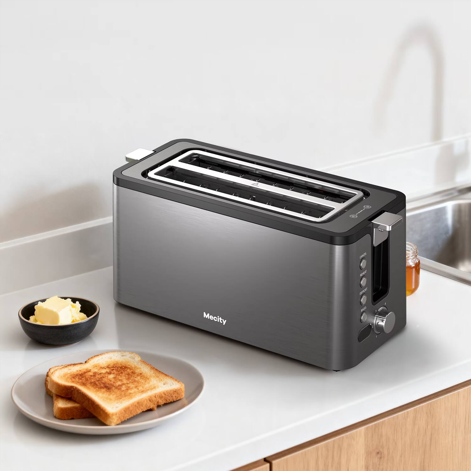 Alt View 3. Mecity - Mecity 4 Slice Long Slot Toaster with Countdown Timer, Bagel/Defrost/Reheat, Warming Rack, 6 Browning Levels - Metallic Grey.