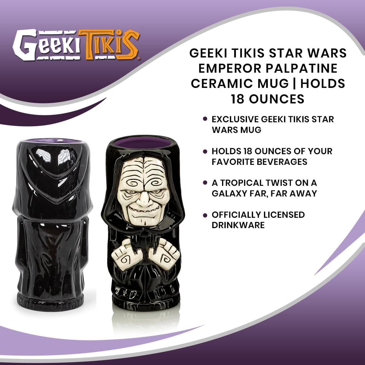 Geeki Tikis Star Wars Emperor Palpatine Ceramic Mug | Holds 18 Ounces

- Exclusive Geeki Tikis Star Wars Mug
- Holds 18 Ounces of Your Favorite Beverages
- A Tropical Twist on a Galaxy Far, Far Away
- Officially Licensed Drinkware