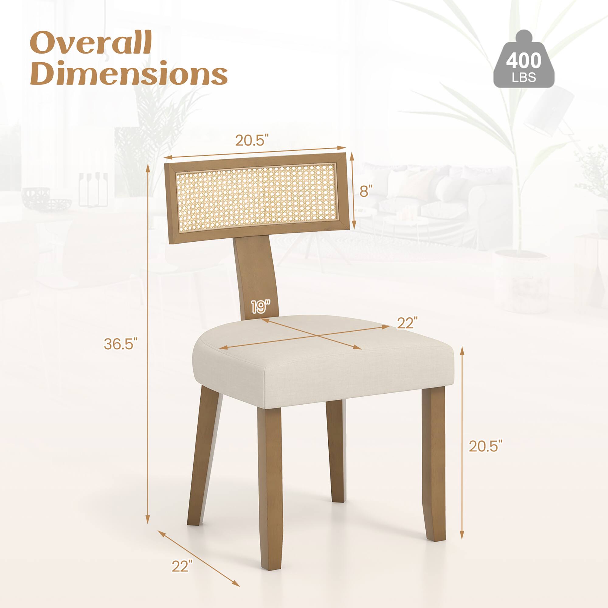 Overall Dimensions  
400 LBS  
20.5" x 8" x 36.5"  
19" x 22" x 20.5"