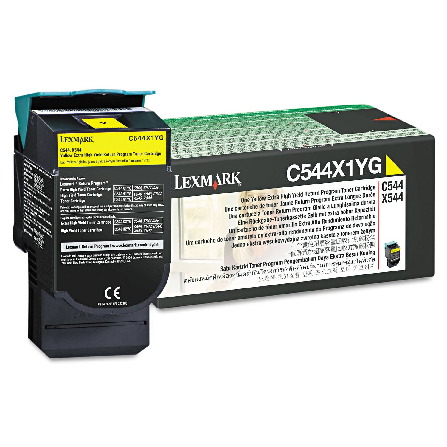 LEXMARK  
C544X1YG  
C544 X544  
Yellow Extra High Yield Return Program Toner Cartridge  

Lexmark Return Program  
Lexmark.com/returnprogram  

C544X1YG  
C544X544  
C544X1YG  
C544X544  

One Yellow Extra High Yield Return Program Toner Cartridge  
Une cartouche de toner Jaune Return Program Extra Longue Durée  
Una cartuccia Toner Return Program Extra Lunga durata  
Eine Rückgabetonerkassette amarillo Extra Alto Rendimiento  
Um cartucho de toner amarelo Extra Alto Rendimiento  
Fine Returnable Toner Cartridge Extra High Yield  
Fine Rückgabetonerkassette Gelb mit extra hoher Kapazität  
Jedna kaseta tonerem zwrócić z extra wysokim wydajnością  
Un cartucho de toner amarillo de extra-alto rendimiento devoluto  
C544X1YG  
C544X544  

Lexmark Return Program  
www.lexmark.com