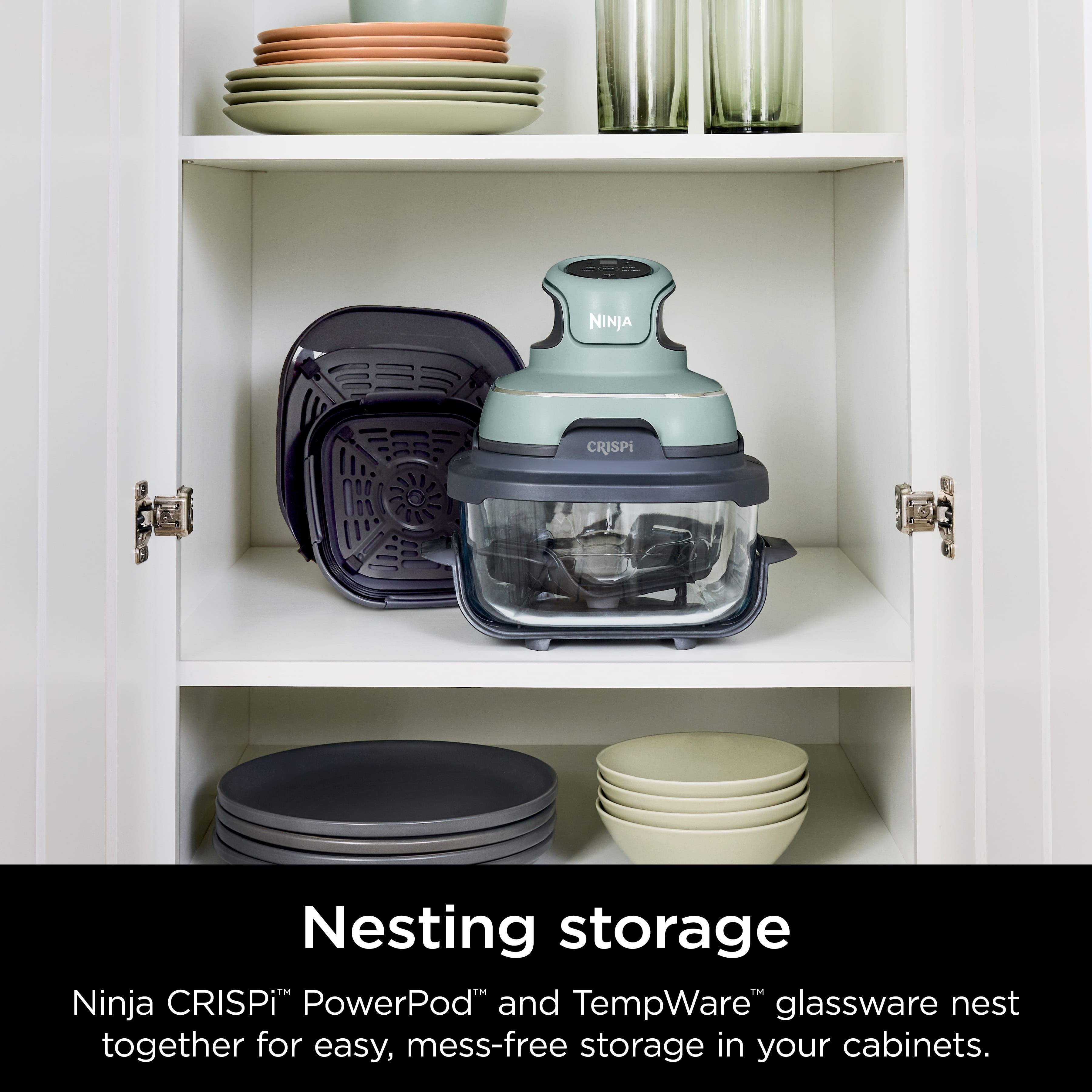 Ninja CRISPI Nesting Storage: Ninja CRISPi PowerPod and TempWare" glassware nest together for easy, mess-free storage in your cabinets.