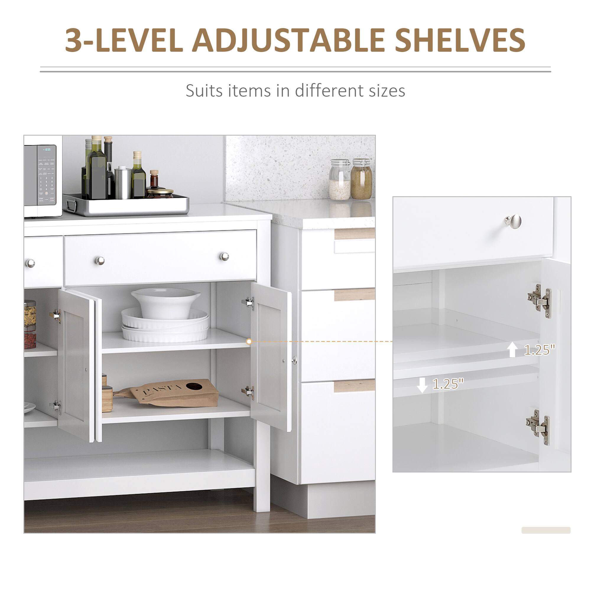 3-LEVEL ADJUSTABLE SHELVES, Suits items in different sizes, 1.25", 1.25"