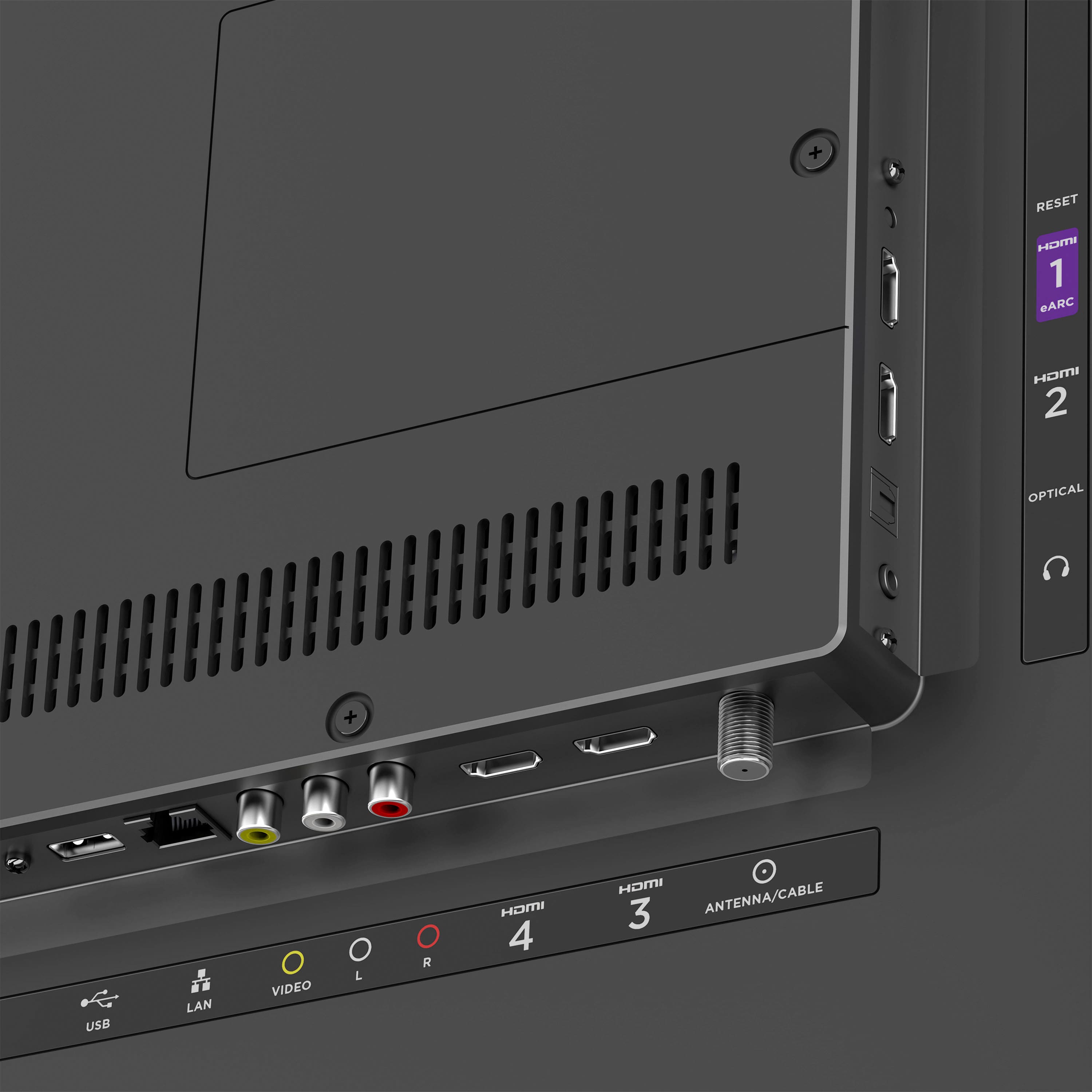 The text on the image reads:
+ RESET
+ HOMI 1 (EARC)
+ HOMI 2 (OPTICAL)
+ USB
+ LAN
+ VIDEO
+ LAN/CABLE
+ ANTENNA/CABLE
The text has been grouped and corrected to show the available ports and features of the device.