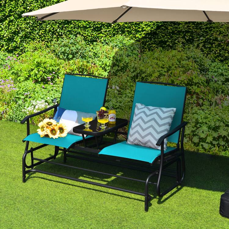 Alt View 3. Mondawe - 2-Person Rocking Loveseat w/ Center Tempered Glass Table, Double Outdoor Glider Bench with Mesh Fabric - Light Blue.