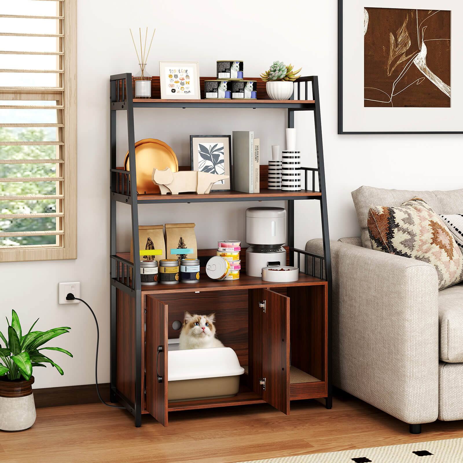 Alt View 1. Costway - Costway Cat Litter Box Enclosure with Storage Shelves with Scratching Pad, Charging Station - Walnut.