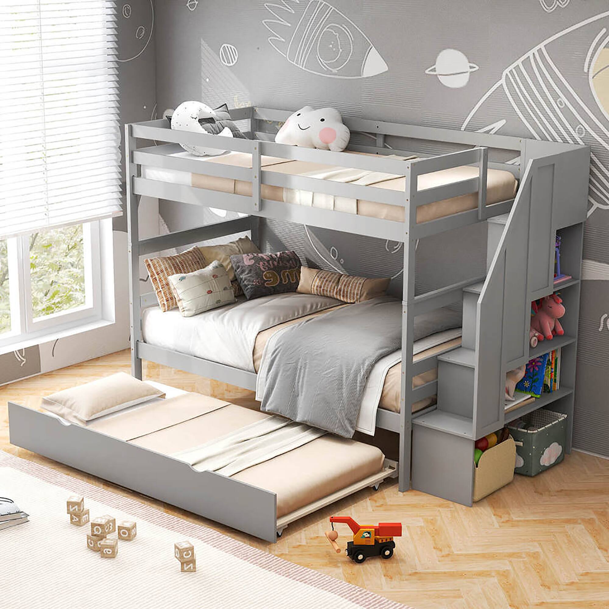 Alt View 4. Gymax - Gymax Twin over Twin Wooden Bunk Bed w/ Trundle Storage Stairs Convertible Gray - Gray.