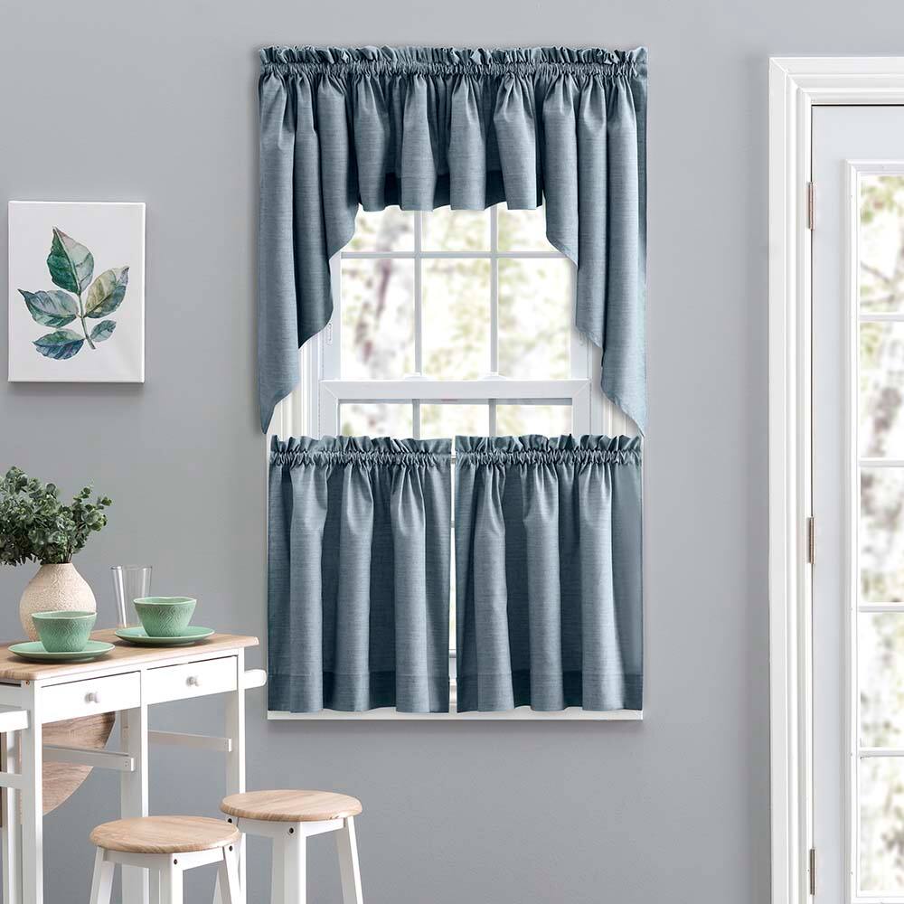 Left. Ellis Curtain - Ellis Lisa Solid Color Premium Poly Cotton Duck Fabric Tailored Tiers 56"x36" Dusty Blue - 56"x36" - Dusty blue.