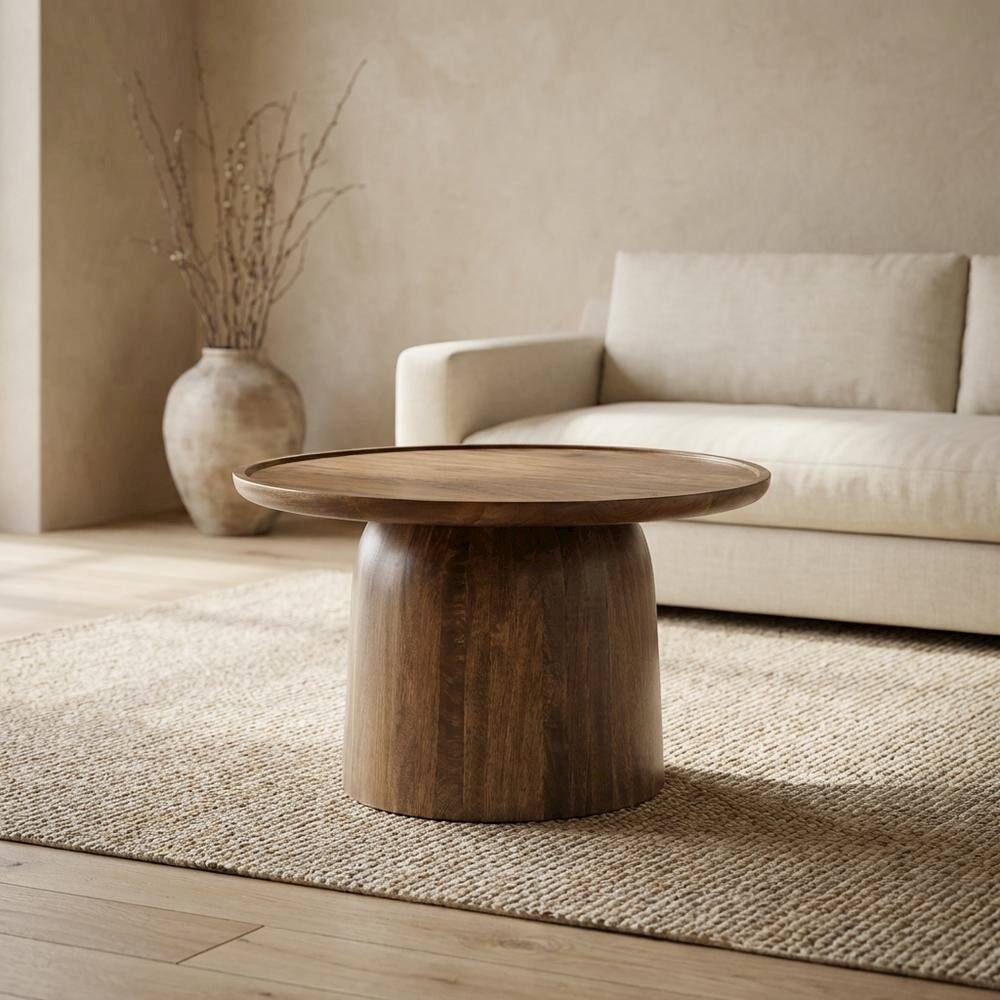 Left. FurniFact - Round Wood Coffee Table with Sleek Design and Solid Oak Finish - Brown.