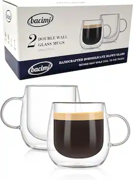 Bacimi - Double Wall Insulated Coffee Mugs Set of 2 / 10oz Borosilicate Mug W/Handle Cups for Espresso, Cappuccino, Latte - Clear