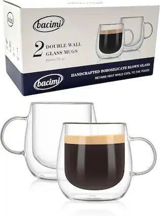 bacimi DOUBLE WALL 2 GLASS MUGS 290ml/10 oz BLOWN GLASS BOROSILICATE TO THE TOUCH HANDCRAFTED WHILE COOL RETAINS HEAT