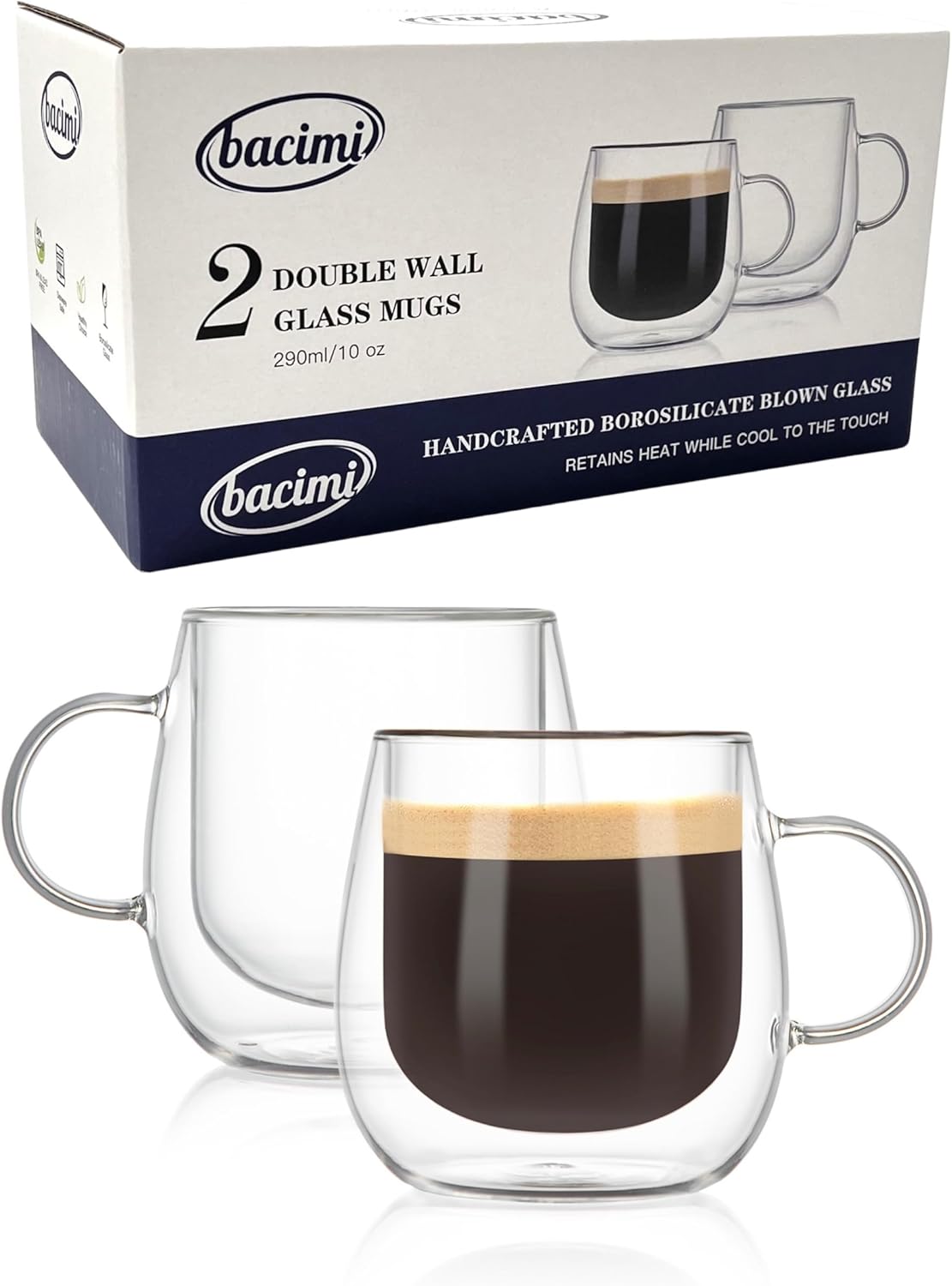bacimi DOUBLE WALL 2 GLASS MUGS 290ml/10 oz BLOWN GLASS BOROSILICATE TO THE TOUCH HANDCRAFTED WHILE COOL RETAINS HEAT