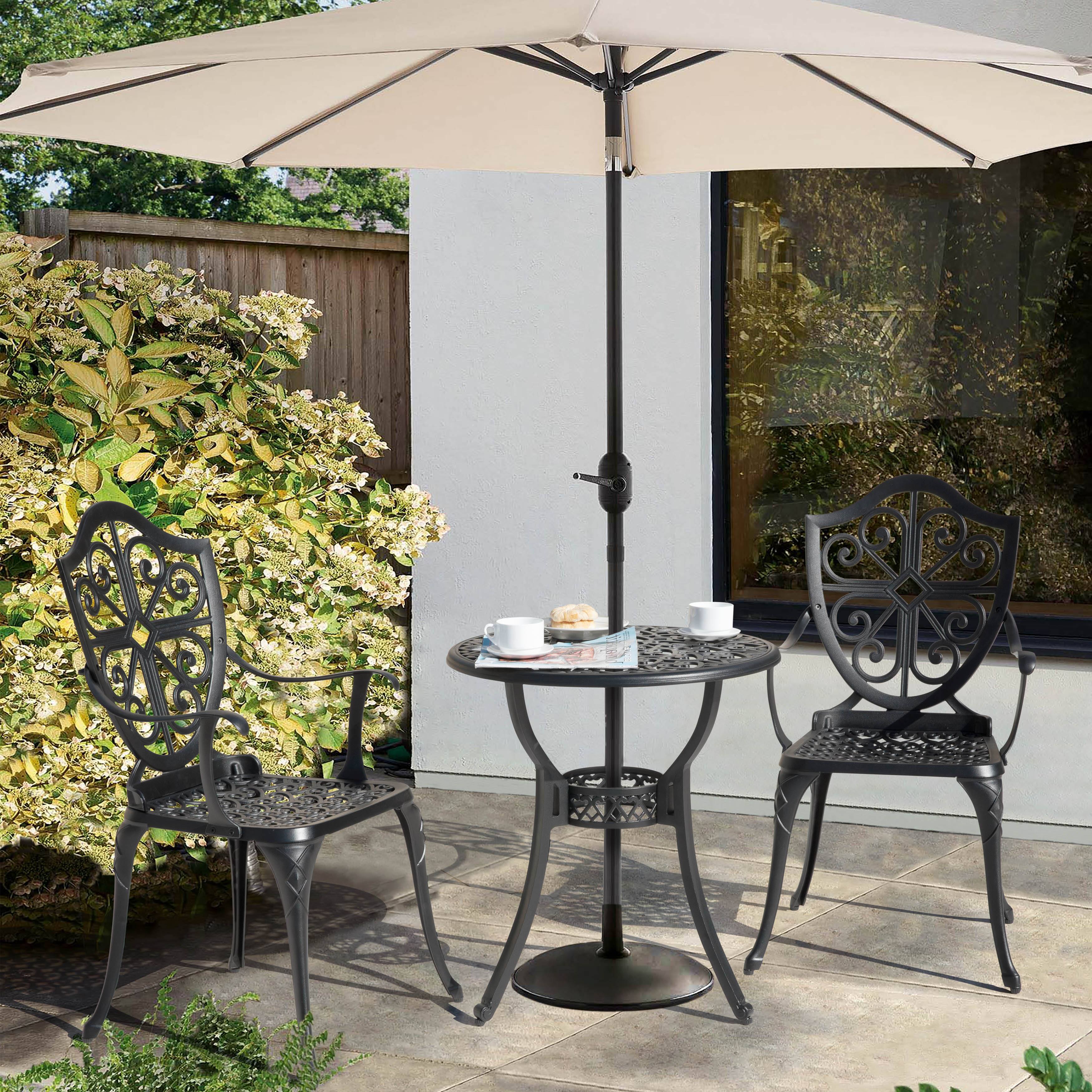 Left. Nuu Garden - 24 Inch Cast Aluminum Bistro Table with Umbrella Hole and 2 Bistro Chairs - Black.