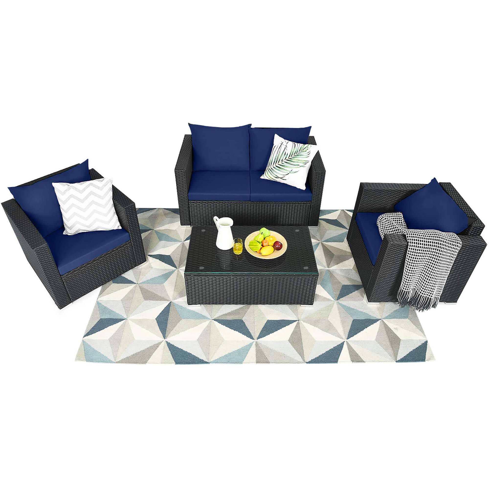 Alt View 10. Costway - 4 PCS Patio Rattan Furniture Set Cushioned Sofa Chair Coffee Table - Black,Blue.