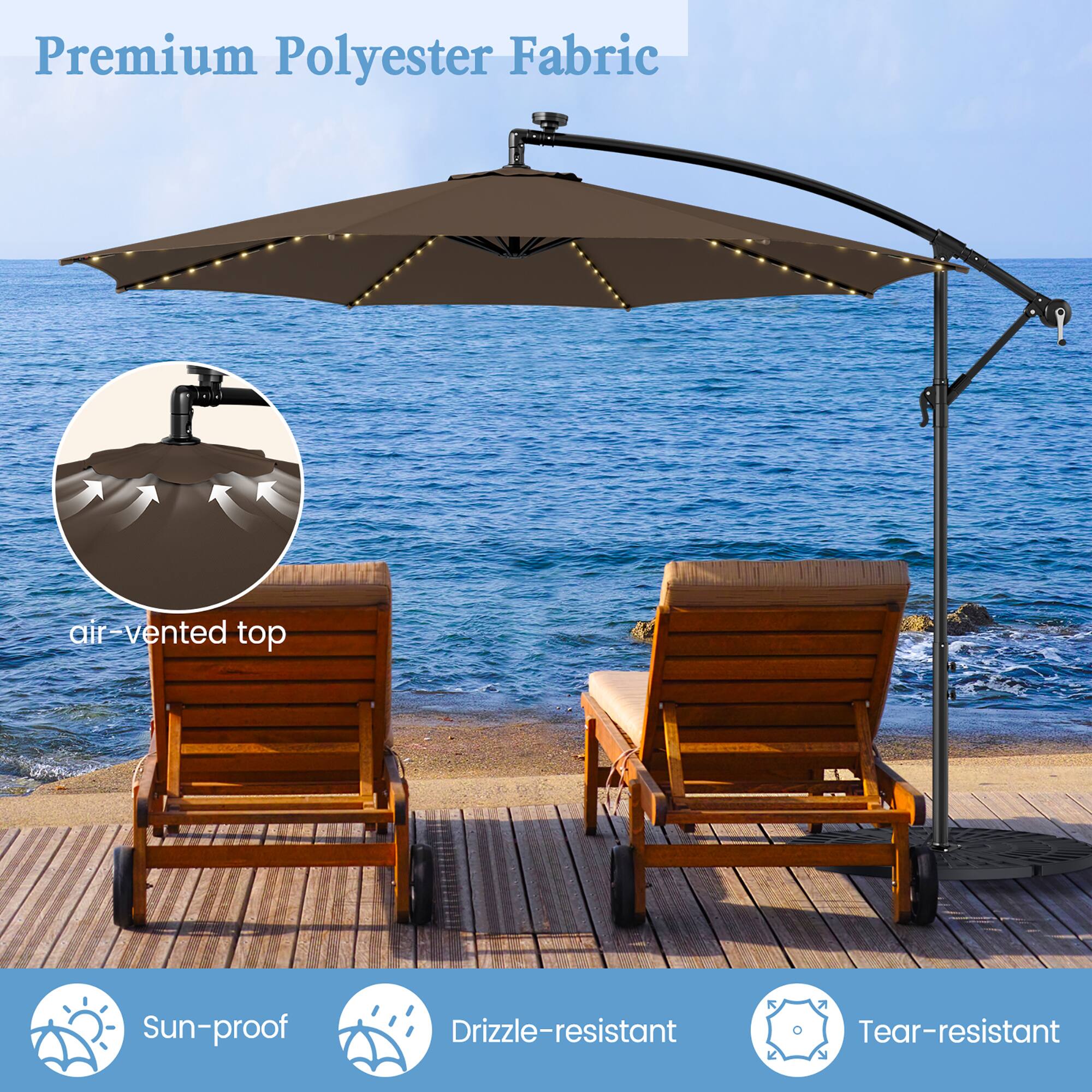 Premium Polyester Fabric, air vented top, Sun-proof, Drizzle-resistant, Tear-resistant