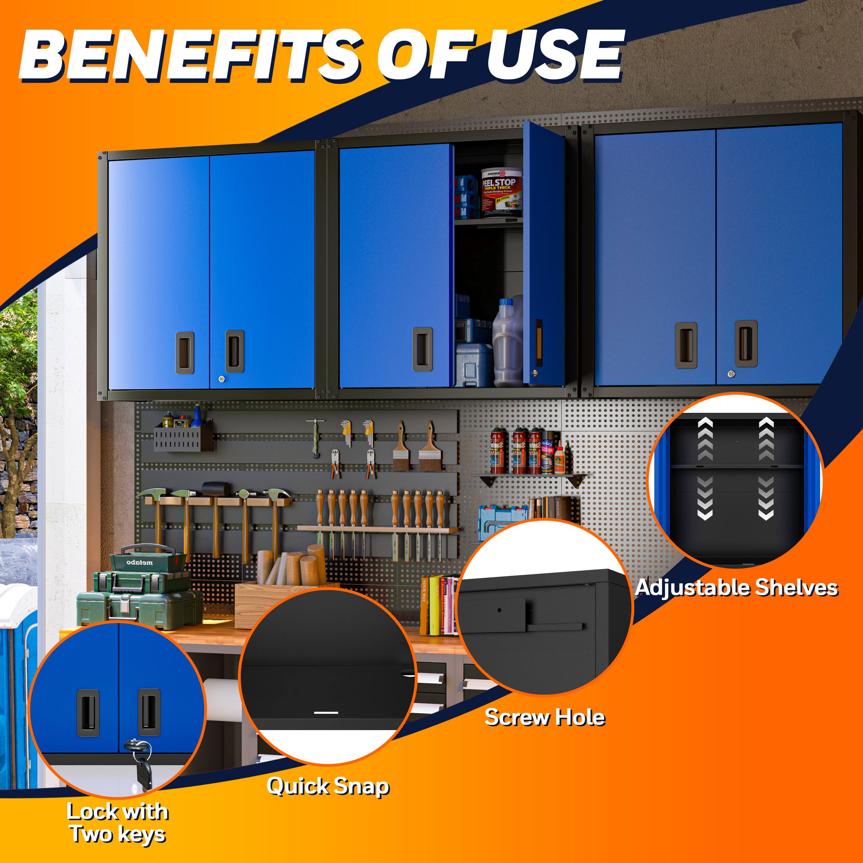 BENEFITS OF USE

- Lock with Two keys
- Quick Snap
- Adjustable Shelves
- Screw Hole