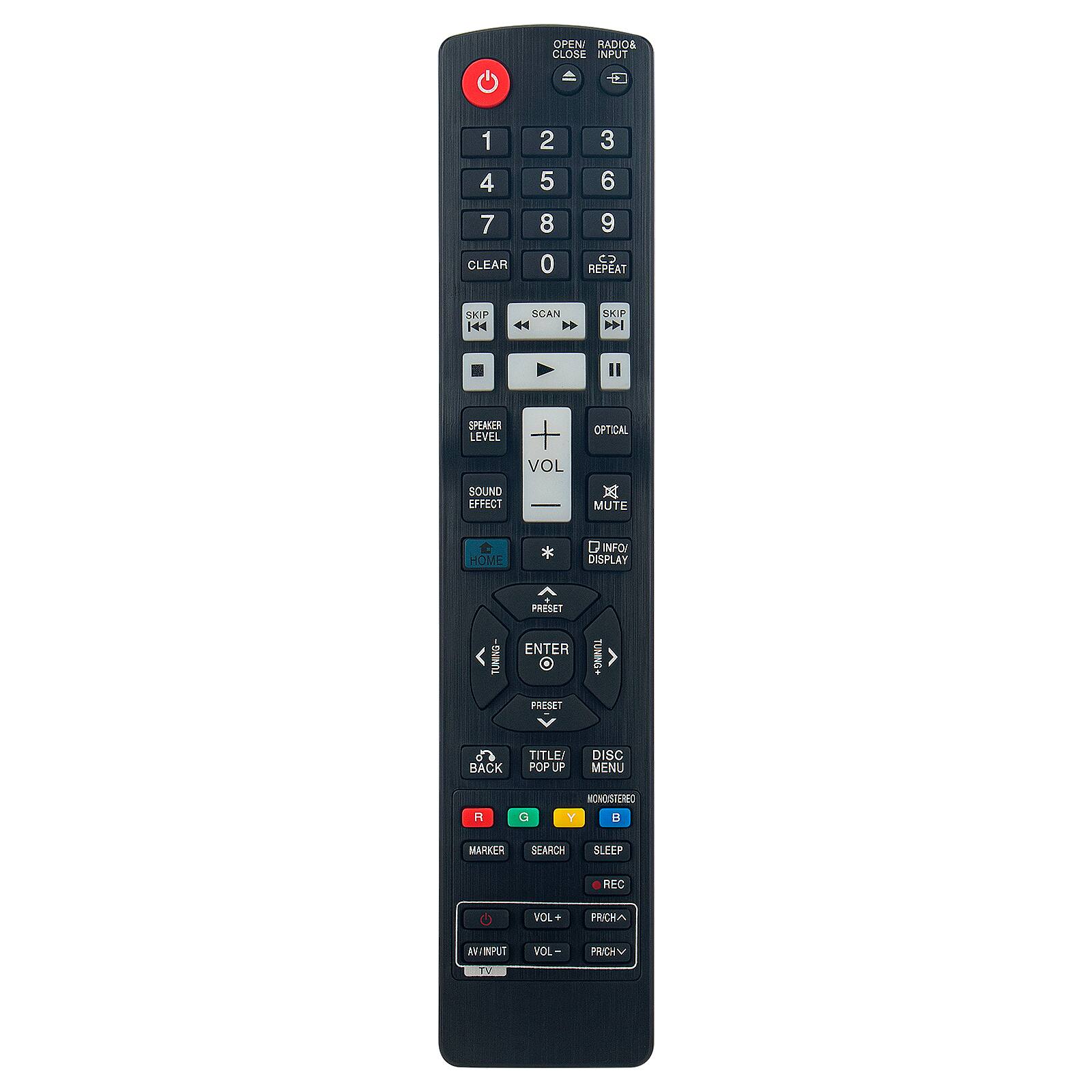 OPEN RADIO & CLOSE INPUT  
1 2 3  
4 5 6  
7 8 9  
CLEAR 0  
CLEAR  
SKIP 44  
SCAN  
FFI  
SPEAKER LEVEL  
SOUND EFFECT  
VOL  
OPTICAL  
MUTE  
HOME  
INFO  
DISPLAY  
PRESET  
TUNING-  
ENTER  
TUNING+  
PRESET  
BACK  
TITLE/POP UP  
DISC MENU  
H G  
MONSTEREC  
Y  
MARKER  
SEARCH  
SLEEP  
REC  
VOL  
PRCH  
W  
INPUT VOL  
PRCH  
TV