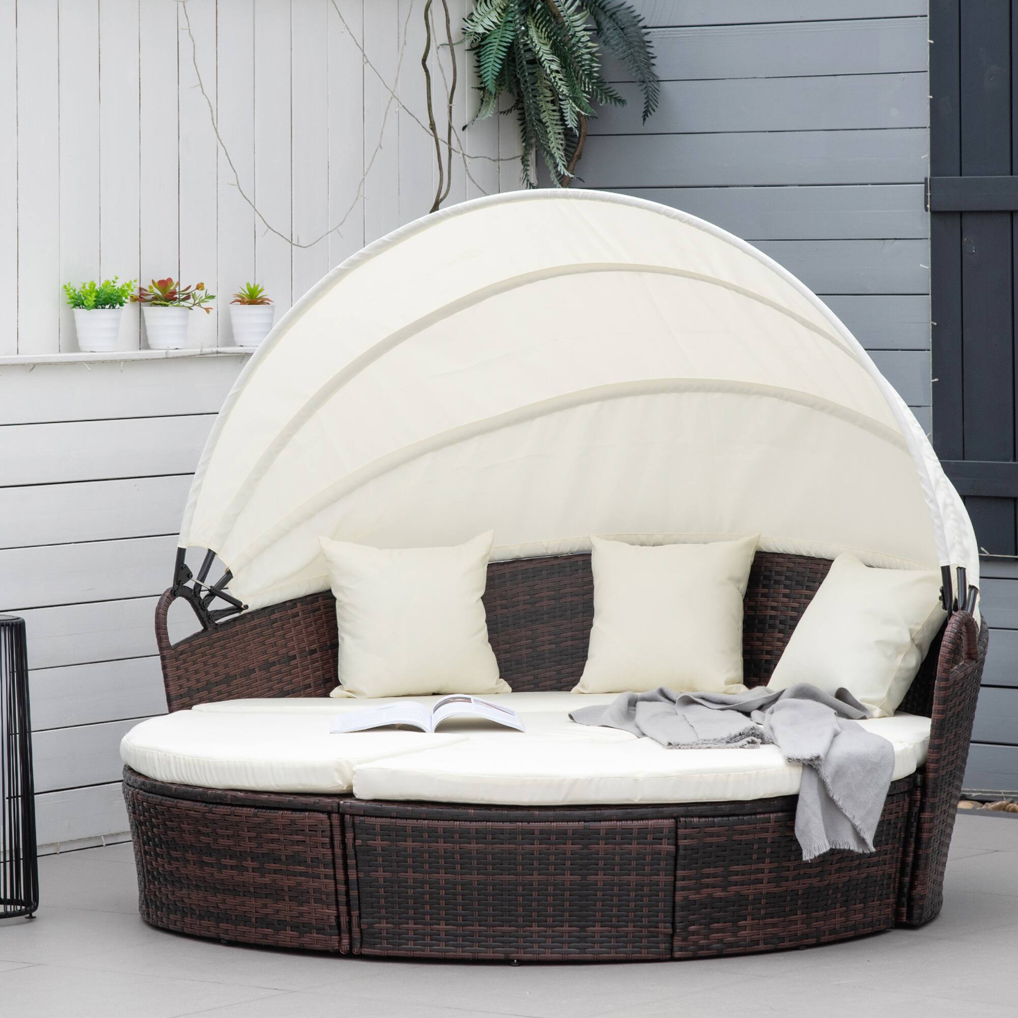 Alt View 1. Outsunny - 4-Piece Round Convertible Daybed with Cushions, Outdoor PE Rattan Patio Wicker Sofa Set - Cream White.