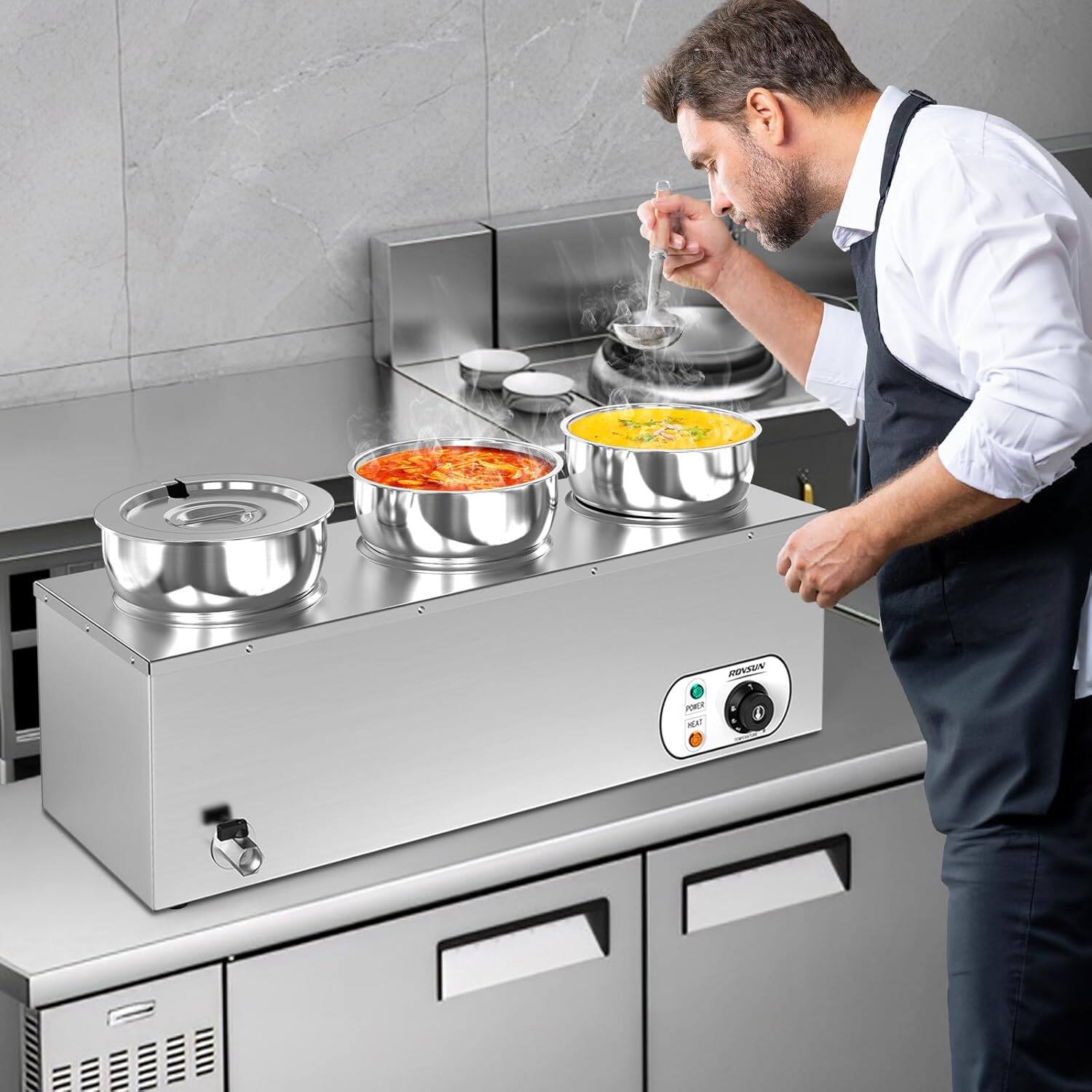 Alt View 7. Winado - 1500W Electric Soup Warmer, 22QT Commercial Food Warmer Steam Table, Countertop Bain Marie w/Three 7.4QT Pots, 86~185°F - Silver.