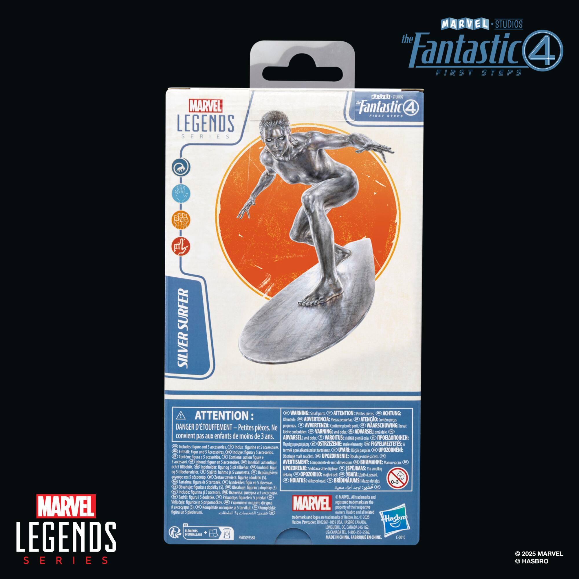 The image features a box for the Marvel Legends Series Surfer action figure. The box is blue and white, with a picture of the figure on it. The box also includes a warning to keep it away from children and to not use it as a toy. The box is part of the Fantastic Four First Steps series.