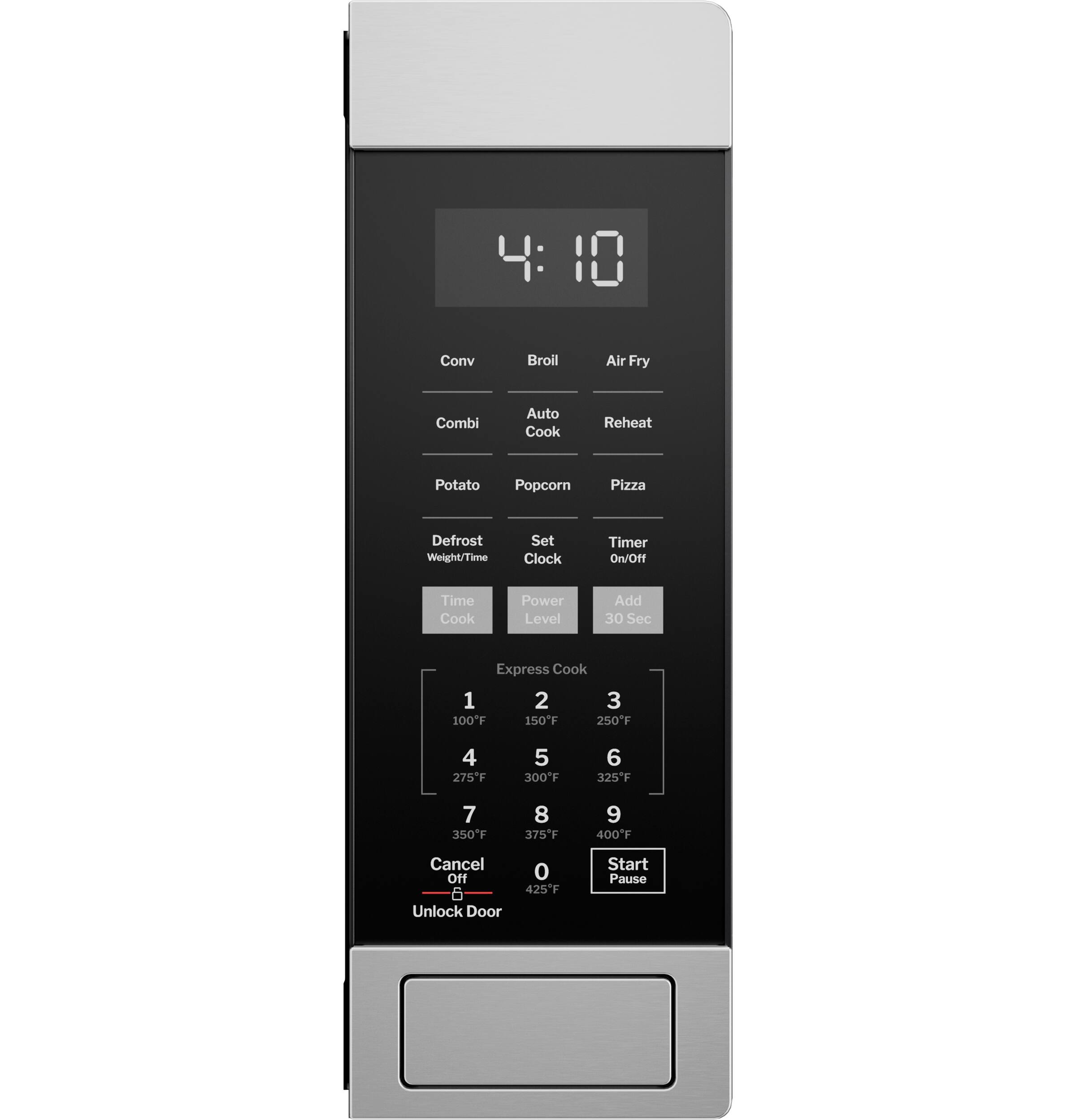 Conv Broil Air Fry Combi Auto Cook Reheat Potato Popcorn Pizza Defrost Weight/Time Set Clock Timer On/Off! Time Cook Power Level Add 30 Sec Express Cook 1 2 3 100F 150F 250F 4 275F 5 300F 6 325F 7 350F 8 375F 9 400F Cancel Off 6 Unlock Door 0 425F Start Pause