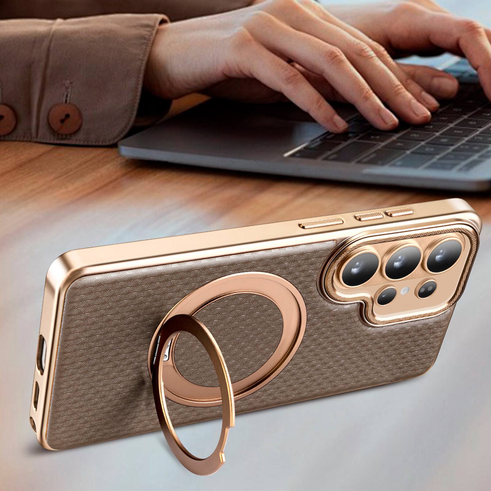 Alt View 9. Dteck - Shockproof Magnetic Case for Samsung Galaxy S26 Ultra with 360 Rotating Ring Stand, Electroplated Frame Protective Cover - Brown.