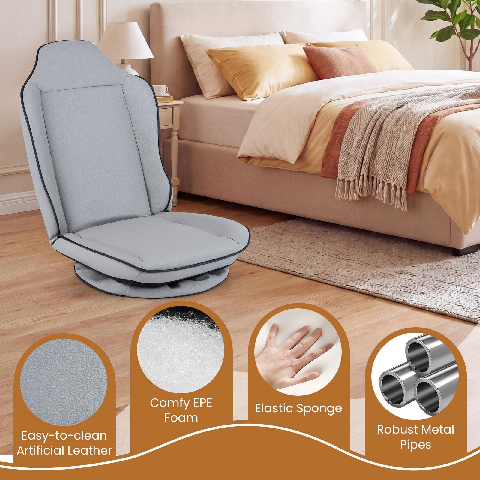 Easy-to-clean Artificial Leather  
Comfy EPE Foam  
Elastic Sponge  
Robust Metal Pipes