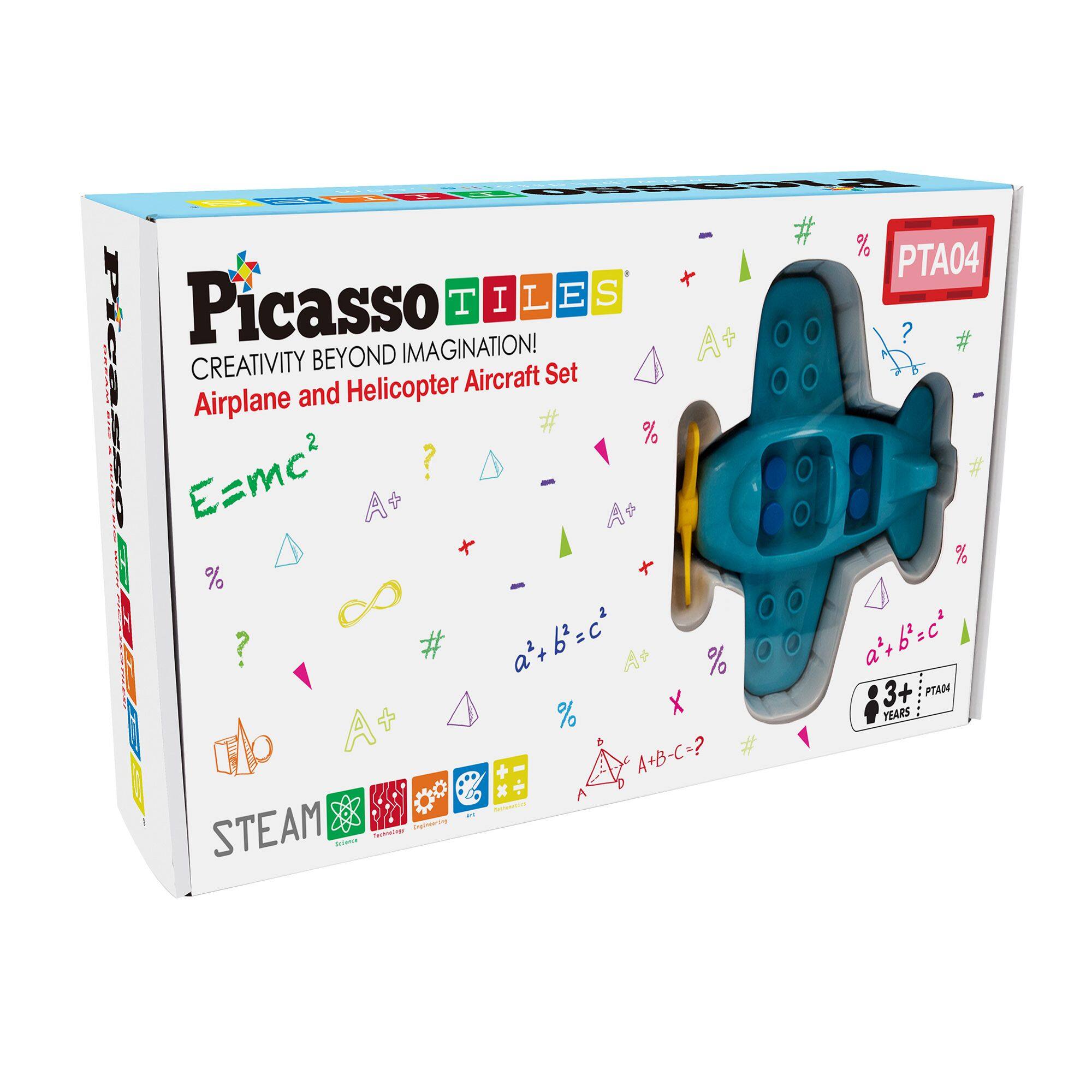 Picasso Tiles  
Creativity Beyond Imagination!  
Airplane and Helicopter Aircraft Set  

E=mc²  
A+  
a² + b² = c²  
A+B-C=?  
a+b=c²  

STEAM  

PTA04  
3+ Years