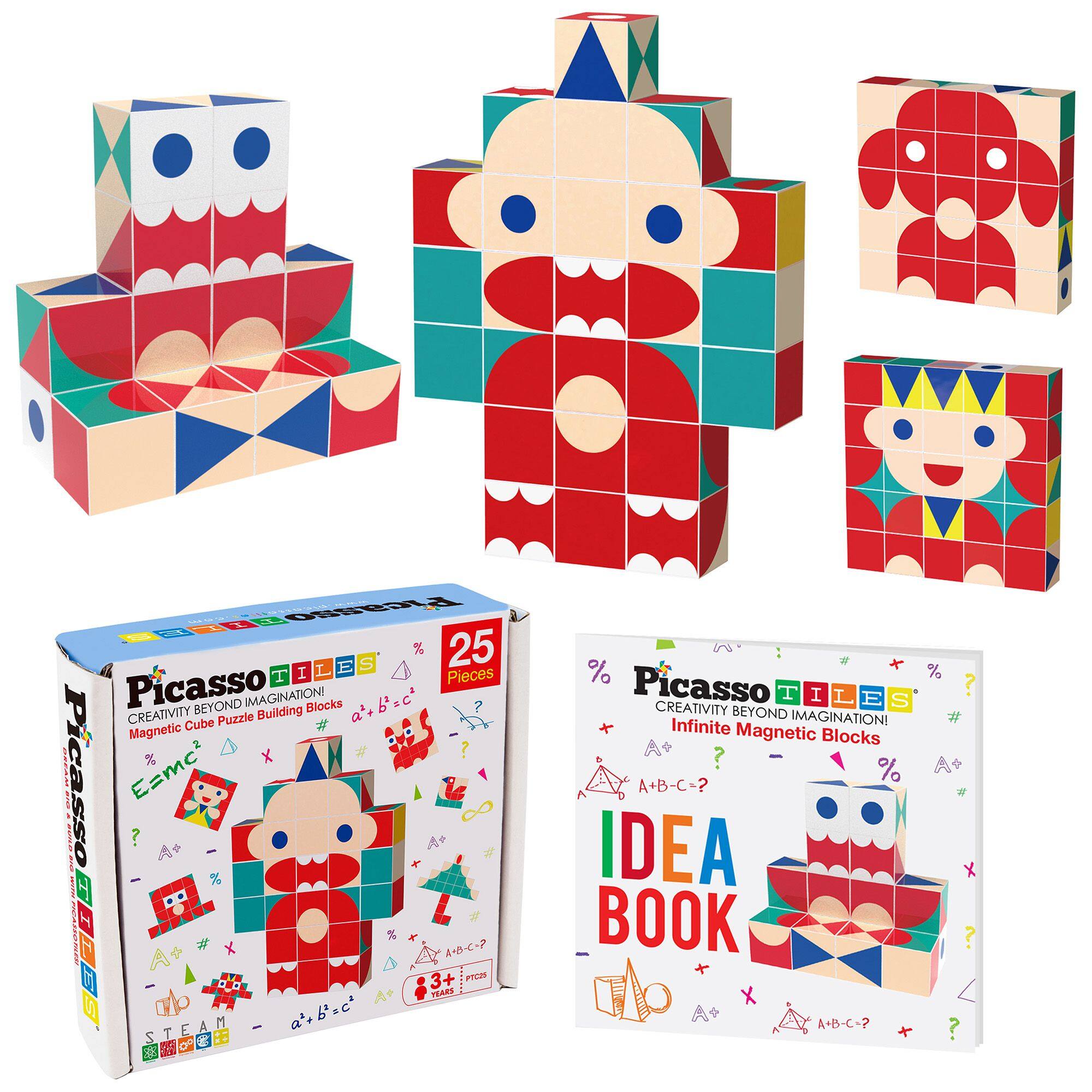 Picasso Tiles  
Creativity Beyond Imagination!  
Magnetic Cube Puzzle Building Blocks  

25 Pieces  

Picasso Tiles  
Infinite Magnetic Blocks  

Idea Book  

A + B - C = ?  

E = mc²  

STEAM  

3+ Years  

A + B = C  

a² + b² = c²