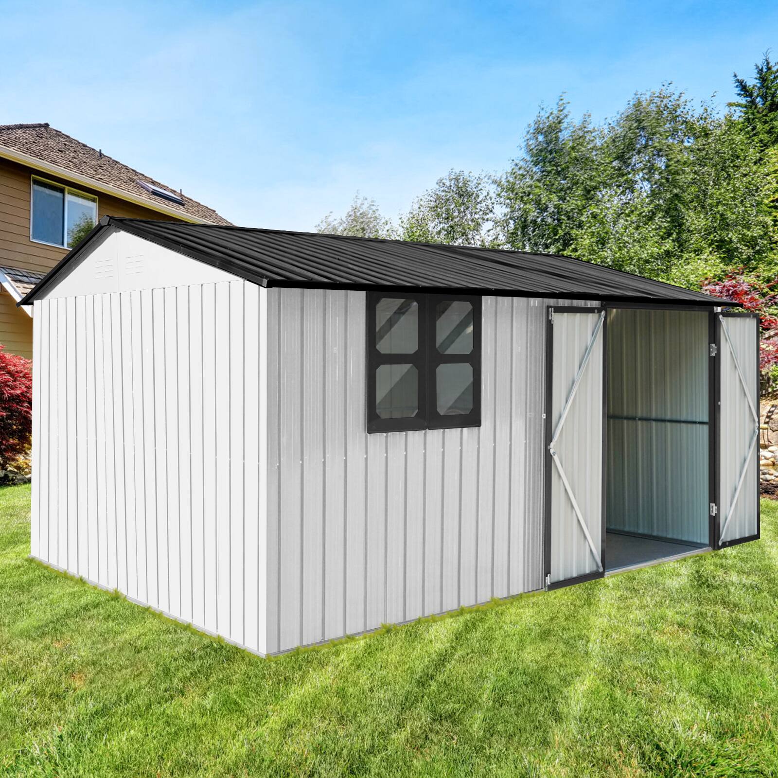 Angle. Mondawe - 12x10 Ft Metal Garden Sheds with Window - White+Black.