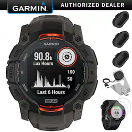Garmin - Instinct 3 - 50 mm GPS Smartwatch, SOLAR + Charging Dock + Protector Bundle - Black with Charcoal Band - (2025)