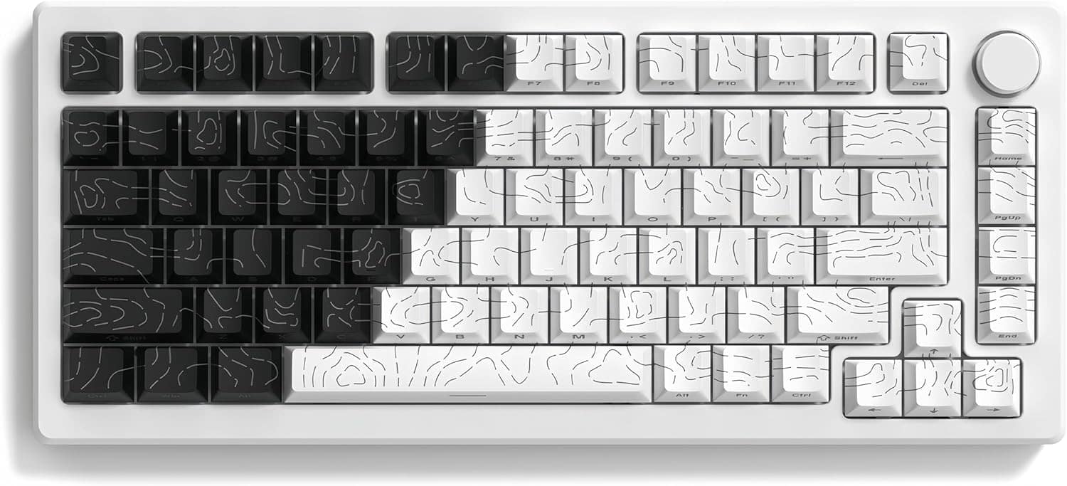 Womier - Double Shot PBT keycaps,Topographic Keys Cherry Profile Key caps for All US Layout Mechanical Keyboardd - Black-white