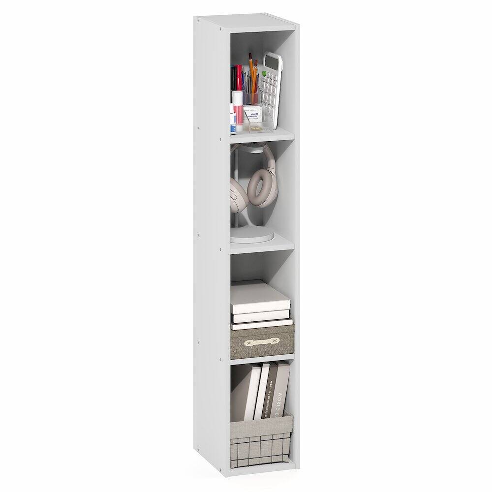 Back. Furinno - FULDA Book Shelf, 4-Tier Narrow Bookshelf, Standing Bookcase with 8-In Width Storage Shelf, 9.3 x 7.9 x 41.6 - White.