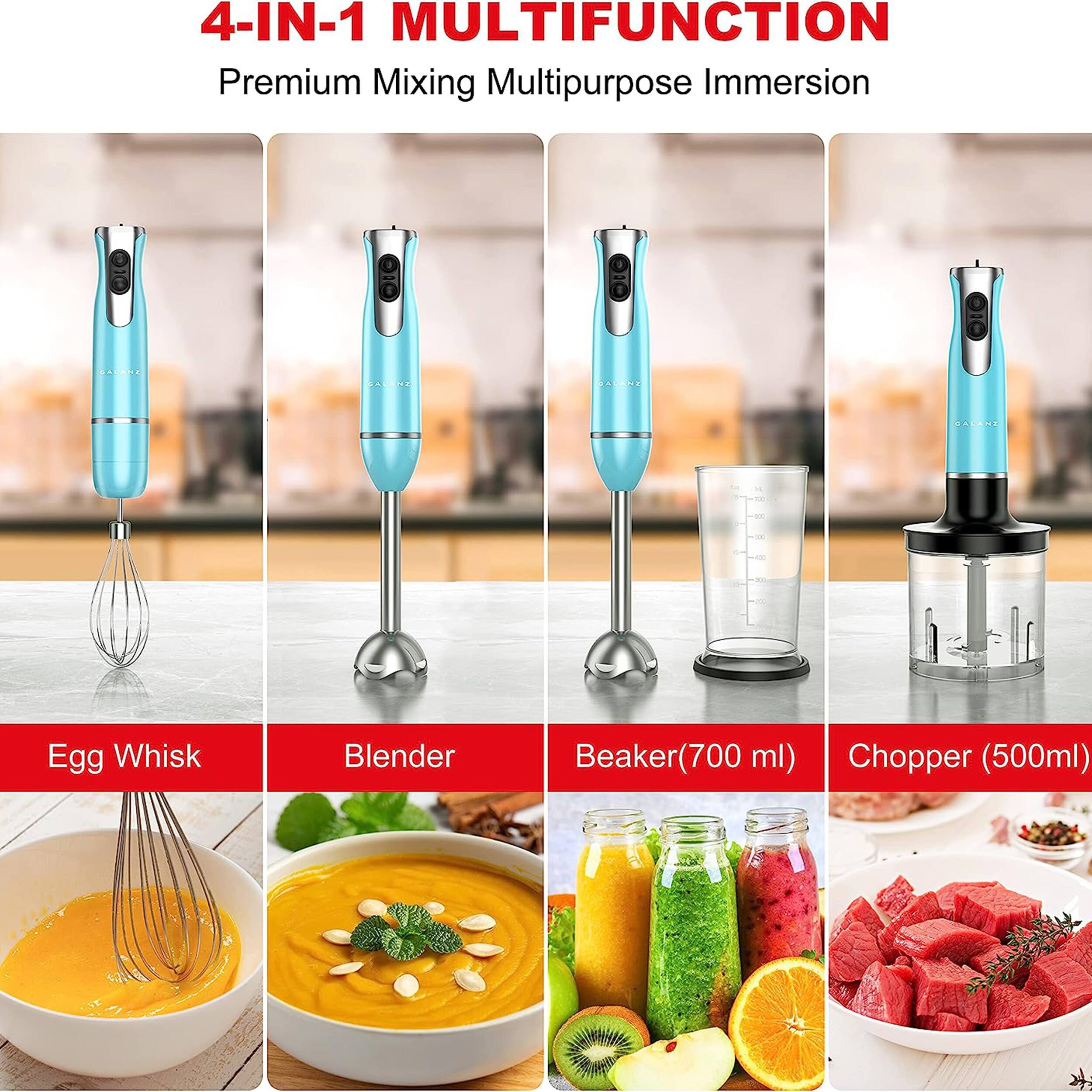 4-IN-1 MULTIFUNCTION Premium Mixing Multipurpose Immersion Egg Whisk Blender Beaker(700 ml) Chopper (500ml)