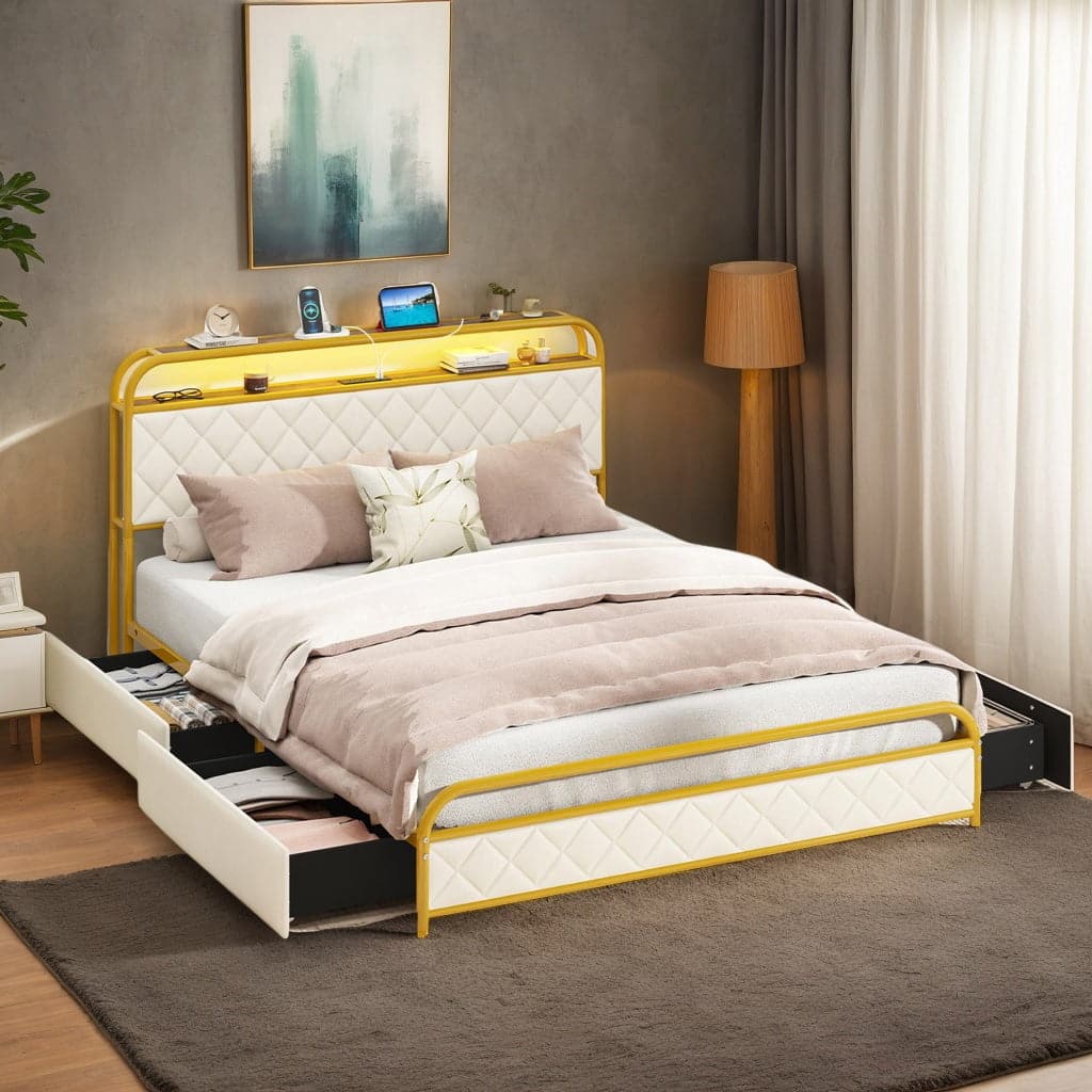 Kadyn - Platform Bed Frame, Bedroom Bed Frame,Twin/Full/Queen Size Bed Frame with LED Lights and Charging Station - Gold