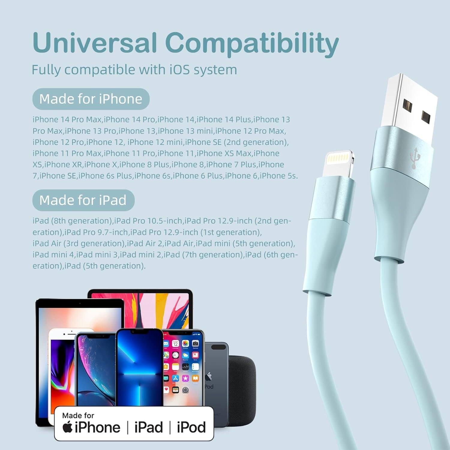 Universal Compatibility  
Fully compatible with iOS system  

Made for iPhone  
iPhone 14 Pro Max, iPhone 14 Pro, iPhone 14, iPhone 14 Plus, iPhone 13 Pro Max, iPhone 13 Pro, iPhone 13, iPhone 13 mini, iPhone 12 Pro Max, iPhone 12 Pro, iPhone 12, iPhone 12 mini, iPhone SE (2nd generation), iPhone 11 Pro Max, iPhone 11 Pro, iPhone 11, iPhone XS Max, iPhone XS, iPhone XR, iPhone X, iPhone 8 Plus, iPhone 8, iPhone 7 Plus, iPhone 7, iPhone SE, iPhone 6s Plus, iPhone 6s, iPhone 6 Plus, iPhone 6, iPhone 5s.  

Made for iPad  
iPad (8th generation), iPad Pro 10.5-inch, iPad Pro 12.9-inch (2nd generation), iPad Pro 9.7-inch, iPad Pro 12.9-inch (1st generation), iPad Air (3rd generation), iPad Air 2, iPad Air, iPad mini (5th generation), iPad mini 4, iPad mini 3, iPad mini 2, iPad (7th generation), iPad (6th generation), iPad (5th generation).  

Made for iPhone iPad iPod