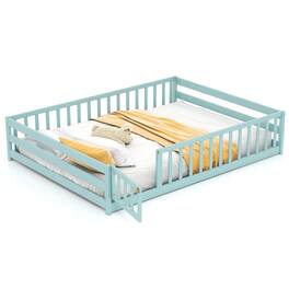 Costway - Full Size Floor Bed with Full Length Safety Guardrails & Door for Boys, Girls Icy - Icy Aqua