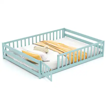 Front. Costway - Costway Full Size Floor Bed with Full Length Safety Guardrails & Door for Boys, Girls Icy - Icy Aqua.