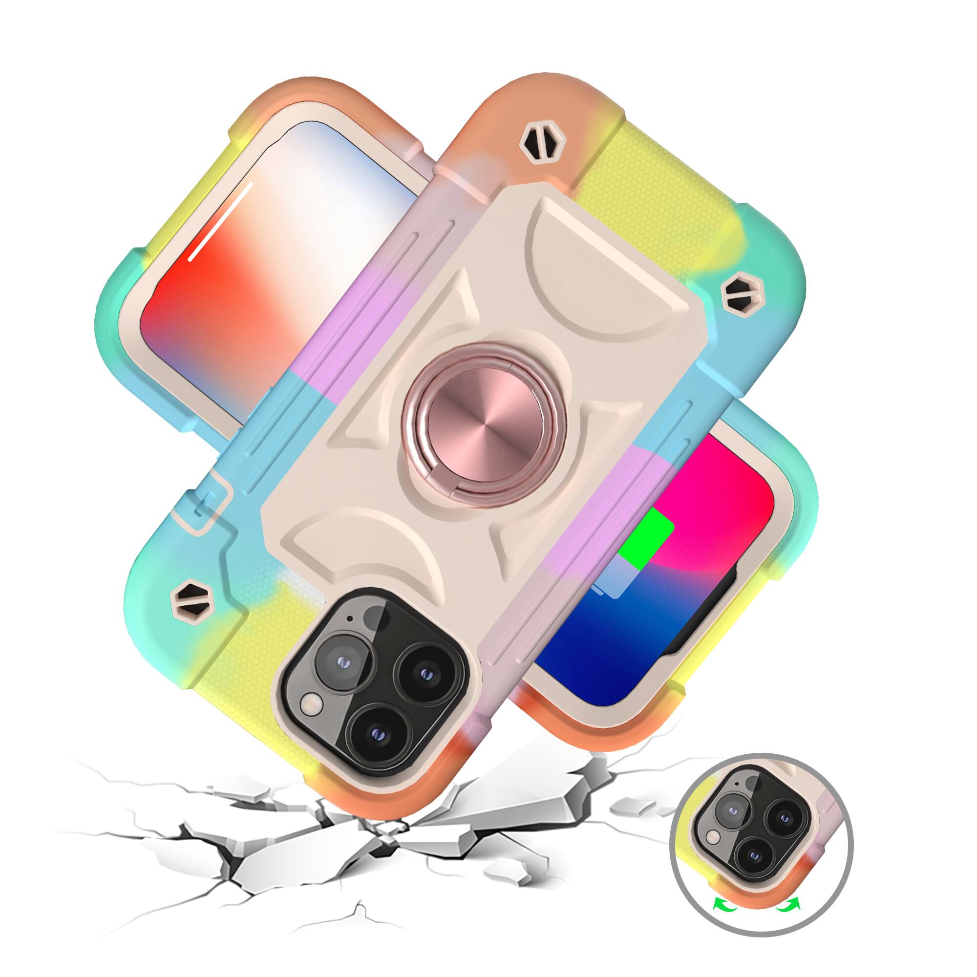 Alt View 2. Dteck - Rugged Case for iPhone 13 with Rotate Ring Stand, Military Grade Drop Protection Heavy Duty Shockproof Protective Cover - Rainbow Rosegold.