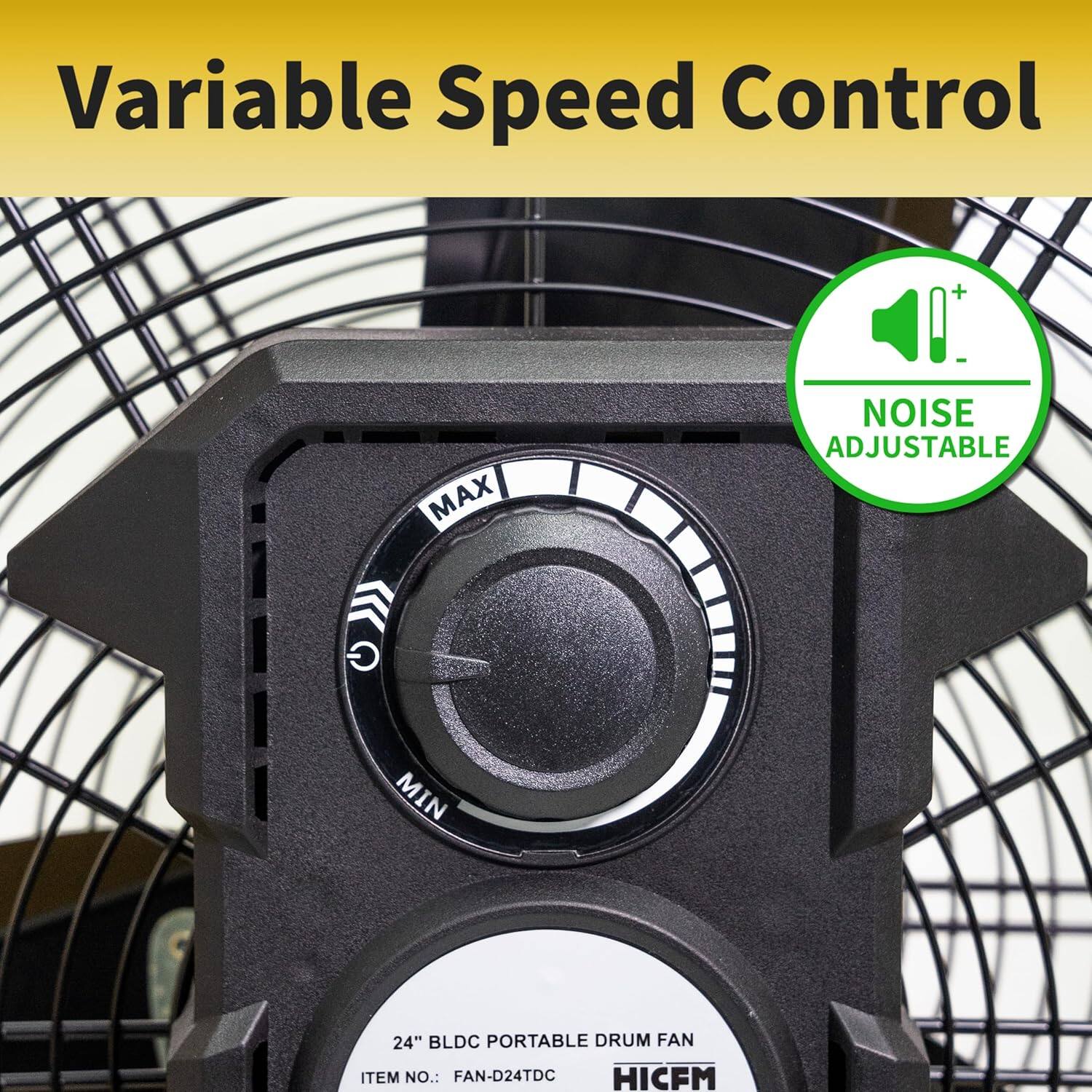 Variable Speed Control + MAX/NOISE ADJUSTABLE G MIN 24" BLDC PORTABLE DRUM FAN ITEM NO.: FAN-D24TDC HICFM