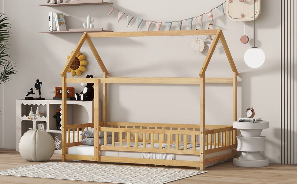 Alt View 2. Tiramisubest - Twin Size House Floor Wooden Bed with Roof Frame,Safety Guardrails,Natural - Natural.