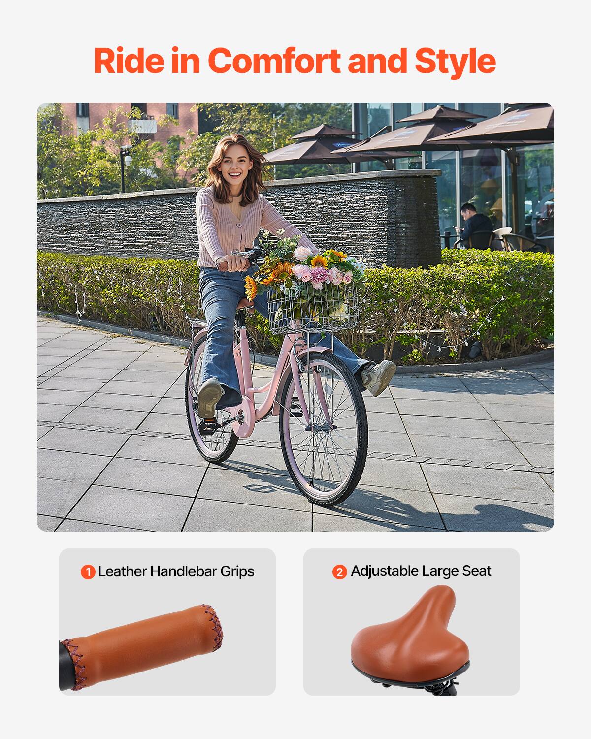 Ride in Comfort and Style
1 Leather Handlebar Grips
2 Adjustable Large Seat