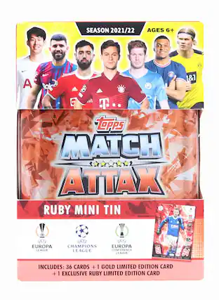 SEASON 2021/22
AGES 6+
MATCH ATTAX
RUBY MINI TIN
FOR JAMIE
9 LEA
EUROPA LEAGUE
CHAMPIONS LEAGUE
EUROPA CONFERENCE LEAGUE
INCLUDES: 36 CARDS + 1 GOLD LIMITED EDITION CARD + 1 EXCLUSIVE RUBY LIMITED EDITION CARD