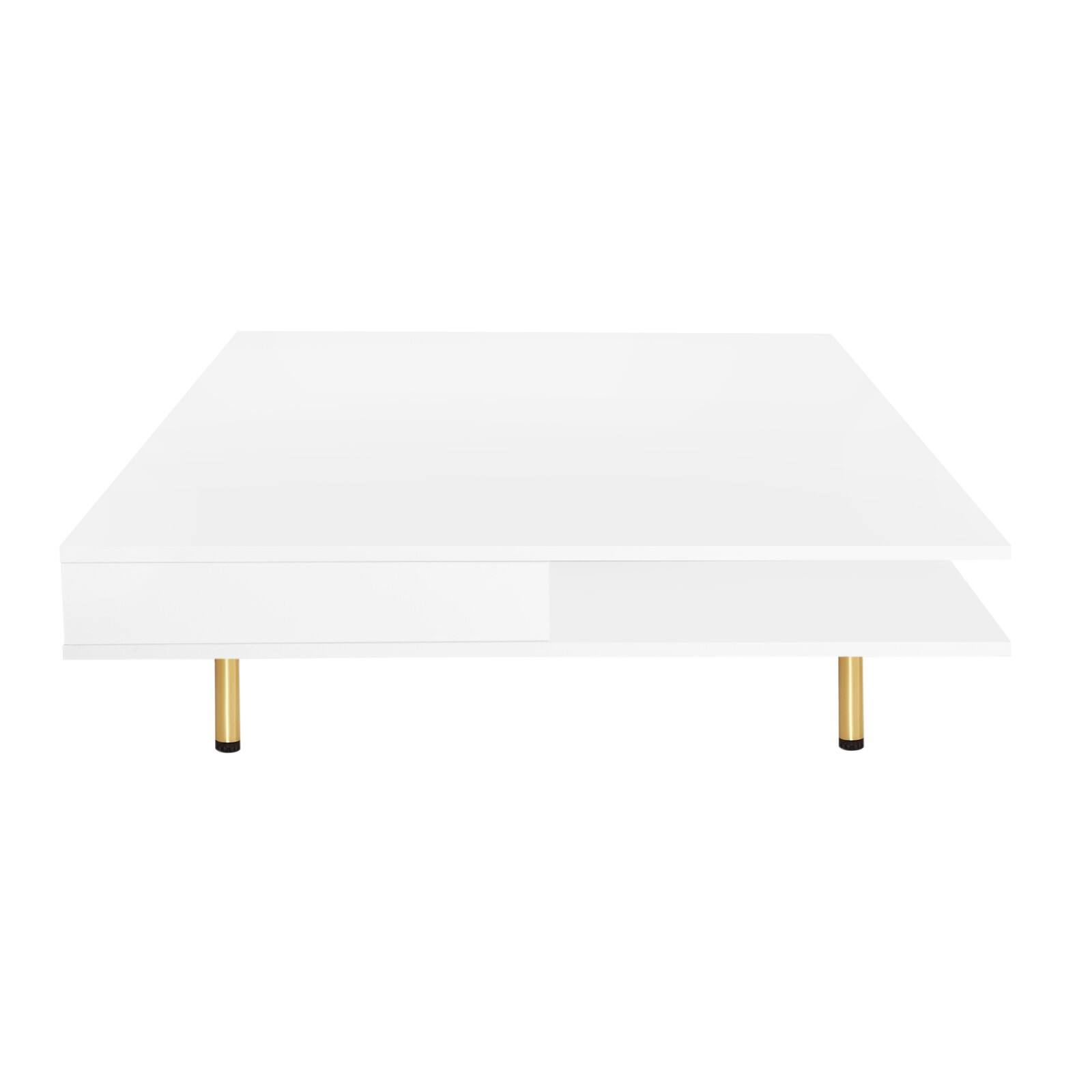 Alt View 9. Ecooso - Exquisite High Gloss Coffee Table with 4 Golden Legs and 2 Small Drawers, 2-Tier Square Center Table for Living Room - White.
