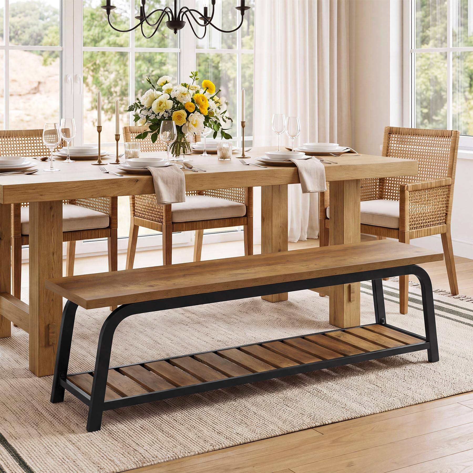 Left. Tribesigns - 63-Inch Industrial Dining Bench, 2-Tier Long Kitchen Bench - Brown & Black.