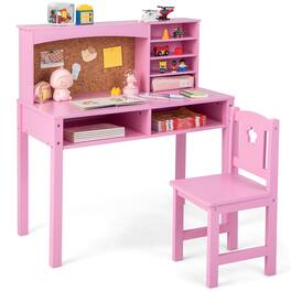 Costway - Kids Desk and Chair Set Study Writing Workstation with Hutch & Bulletin Board - Pink