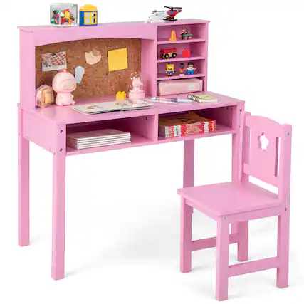 Front. Costway - Costway Kids Desk and Chair Set Study Writing Workstation with Hutch & Bulletin Board - Pink.